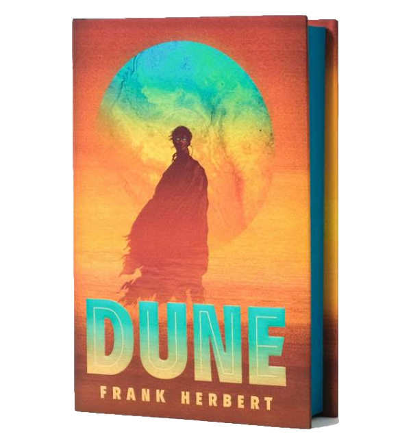 An orange cover with the title Dune shows a silhouetted person with blue eyes in front of a blue moon.