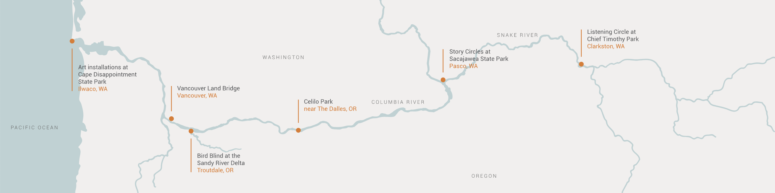 A map with a blue squiggly line marks the locations of each site of Maya Lin's Confluence Project.