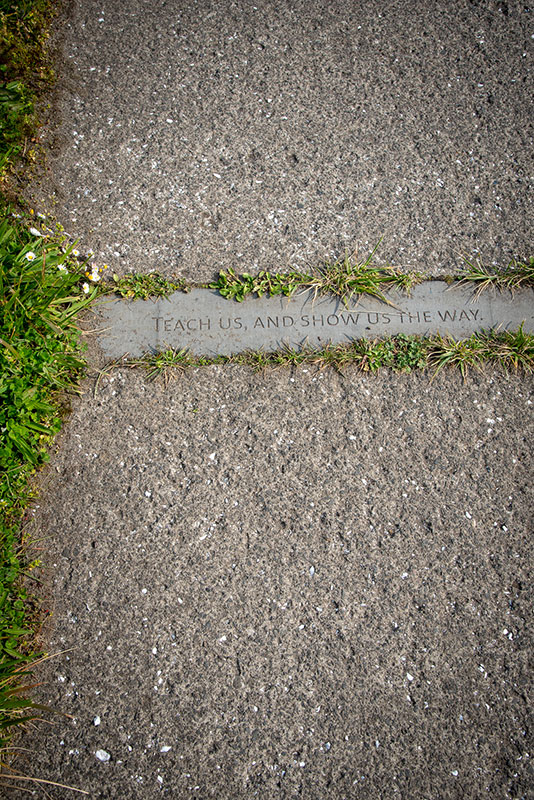 "Teach us, and show us the way" is engraved on the sidewalk, surrounded by grass growing through the cracks.