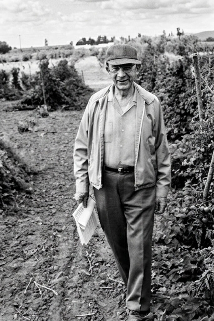 A man walks among rows of fruiting vines