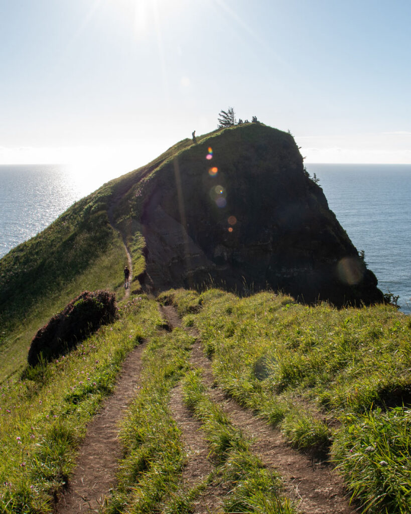 A trail winds up a steep cliff with the ocean on both sides