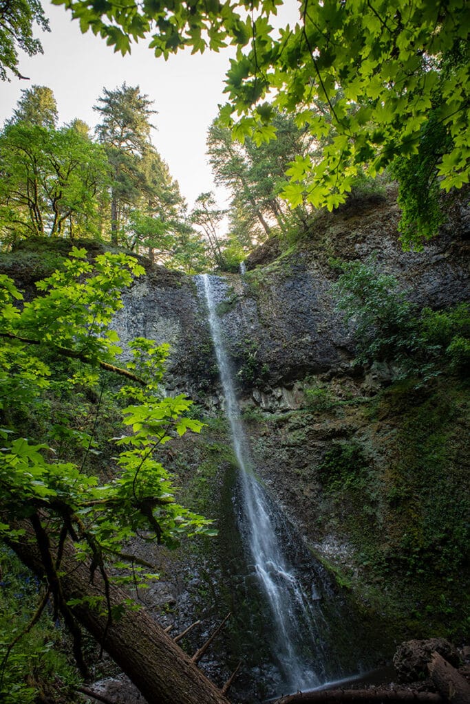A long, skinny waterfall drapes down a rock wall.
