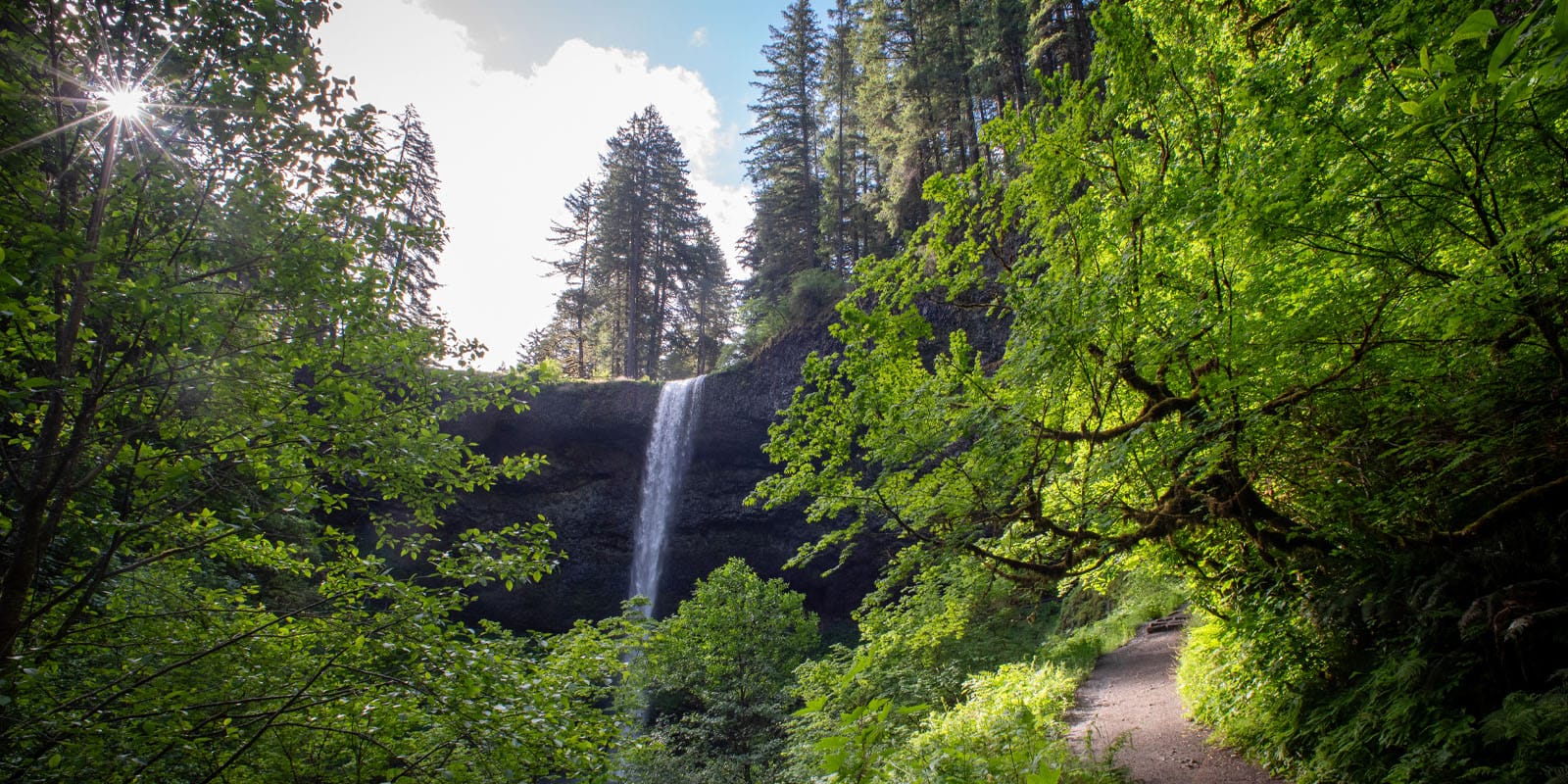 A waterfall cascading over rocks is in the background and a trail lit by sunlight is to the right.